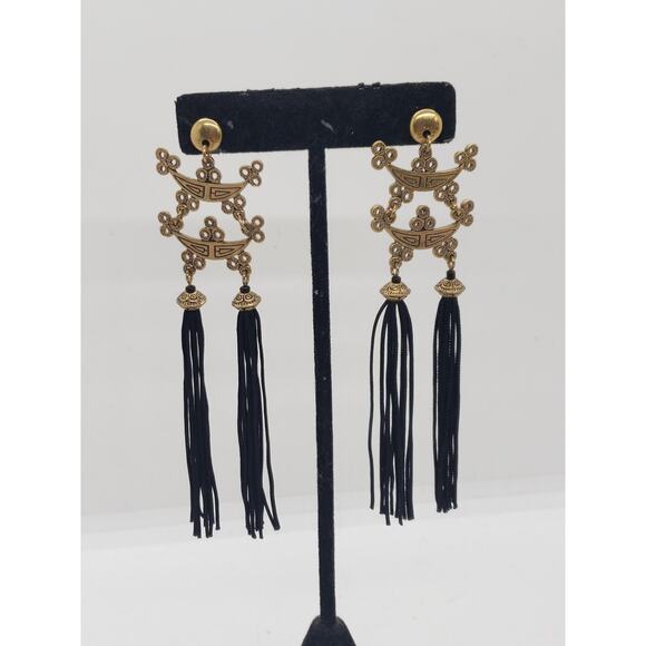 Asian Inspired Dangle Earrings Gold Tone Black Tassel Long Drop Pierced Fringe - Picture 11 of 12